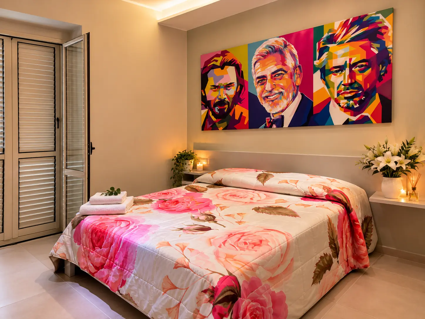 Camera Attori – B&B a Crotone: letto matrimoniale con biancheria floreale e grande quadro pop art dedicato agli attori del cinema